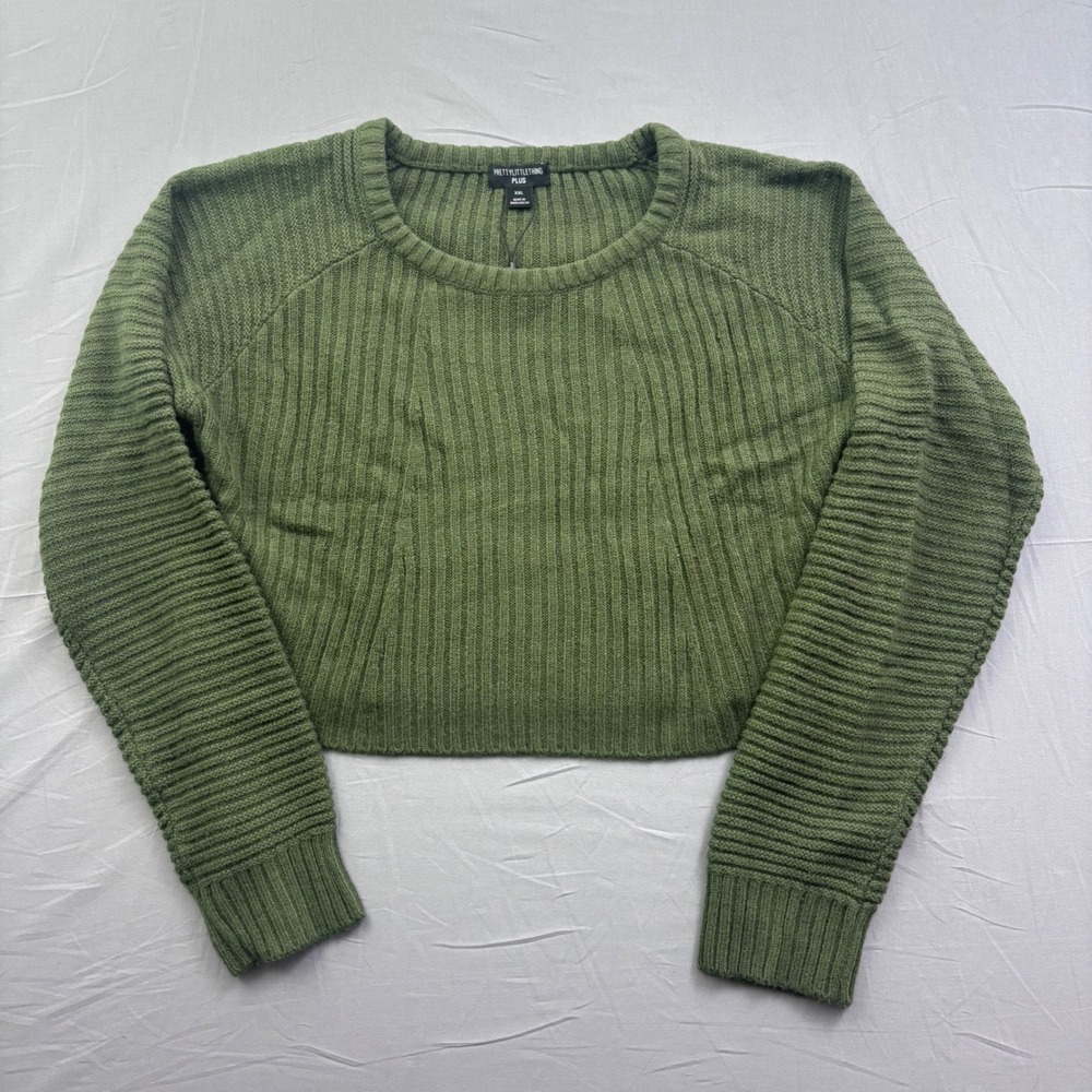 PrettyLittleThing Plus Olive Green Ribbed Knit Cropped Sweater XXL Raglan Sleeve
